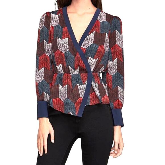 New BCBGMaxAzria XS Silky Wrap Peplum Blouse Top Geo Chevron Print Red Teal L/S - Picture 2 of 13
